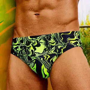 Men's Quick Dry Triangle Briefs, High Stretch Polyester, Light Beigeny Fit, Random Print, for Outdoor Sports, Beach, Swimming, Summer