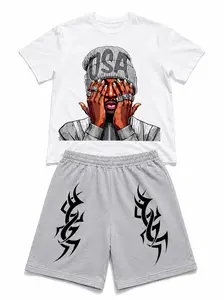 Boys' 2-Piece Streetwear Go Out Set - Teenage Graphic T-Shirt, Shorts with Gray Portrait Print, Humorous Graffiti, American Theme Kids' Clothing kids outfit summer suit Combined Set Go Out Sets