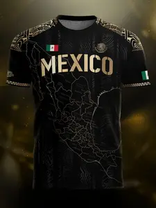 Mexico Heritage Map Soccer Jersey with Golden Aztec Details, All Seasons Casual Wear, Fitted Long-Length Design, Unique Ethnic Pattern, Soccer Shirt, Football Jersey