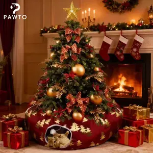 PAWTO Christmas Cat Tree Tunnel with Plush Donut Bed 2-in-1 Xmas Tree Protector Play Tunnel for Cats Holiday Themed Pet Cave with Interactive Toys Washable Christmas Tree Skirt Alternative
