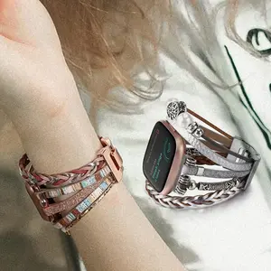 Fashion Stone and Hand-Woven Leather Strap for Fitbit Versa 3/4, Adjustable Cuban Link Band with Charms for Women, Stylish Smartwatch Strap Replacement Band Only