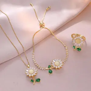 3Pcs Rotating Sunflower & Green Leaf Jewelry Set, Micro Inlaid Zircon Clavicle Chain, Fashion Matching Necklace Ring Bracelet Combo, Dainty Sparkly Floral Accessory, Elegant All-match Jewelry for Women Daily Party Wedding Holiday Gifts tiktokshopspringglo