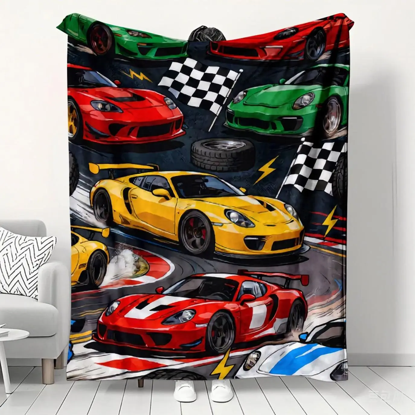 Auto Racing Theme Flannel Blanket - Soft Fleece, Cozy Warmth, Sofa Bed Cover, Ideal Decor & Gift for Car Lovers, All-Season Use