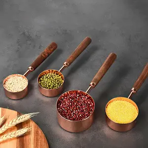 Rose Gold Wooden Handle Stainless Steel Measuring Cups Utensils  Set Kitchen