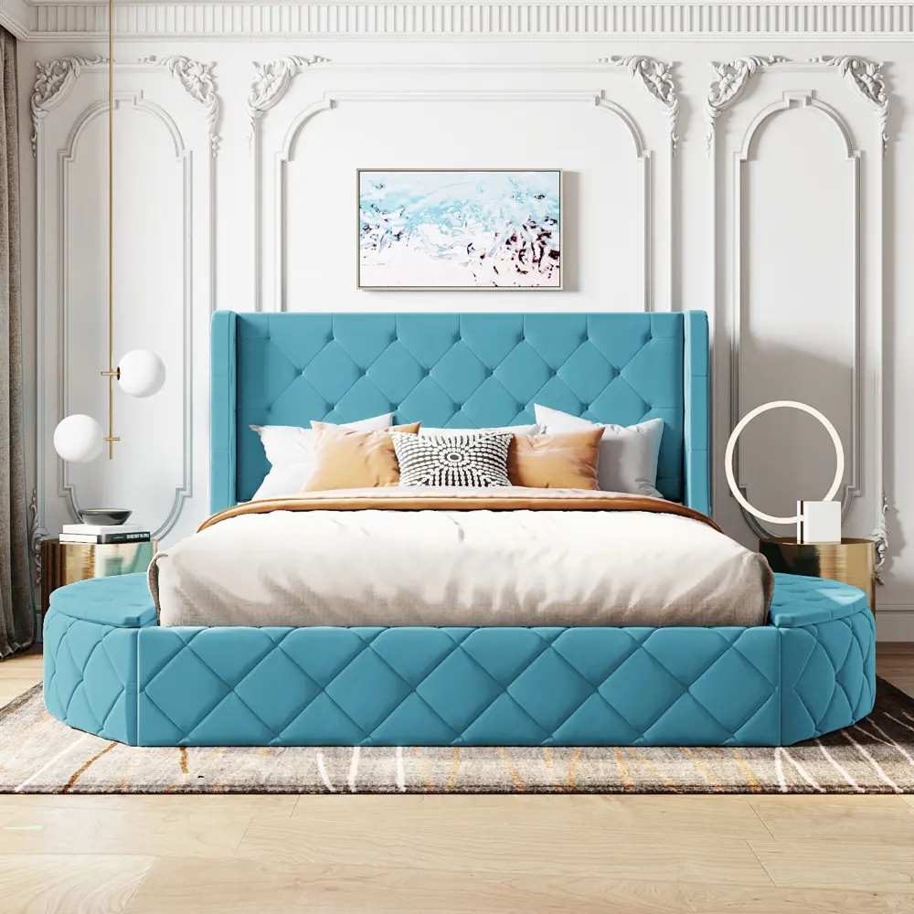 Queen Size Tufted Upholstered Velvet Platform Bed Frame with Wingback Upholstered Headboard, 1 Big Drawer, 2 Side Storage Stools, Bedroom Furniture, Transitional Platform Bed
