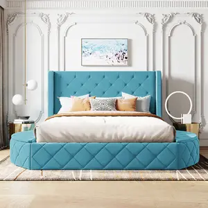 Upholstered Platform Bed Queen Size Storage Velvet Bed with Wingback Headboard and 1 Big Drawer,2 Side Storage Stool