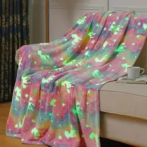 Unicorn Pattern Glow in The Dark Blanket, 2 Counts Soft Comfortable Throw, Cool Bedroom Bedding Blankets, Air-conditioned Room Blanket, Warm Nap Blanket for Home & Office