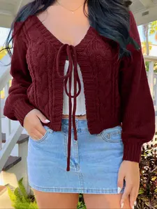 Plus Size Women's Solid Long Sleeve Bow Tie Cardigan Sweater, Oversized Moderate Thickness Knit for Spring & Fall, Stylish Women's Outerwear