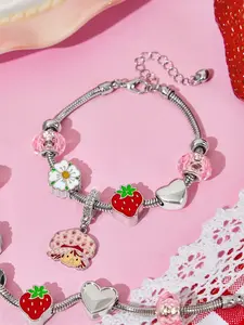 Strawberry Shortcake X SHEIN Silver Alloy Pendant Bracelet With Flower, Heart, Cute Designs, Suitable For Daily Wear