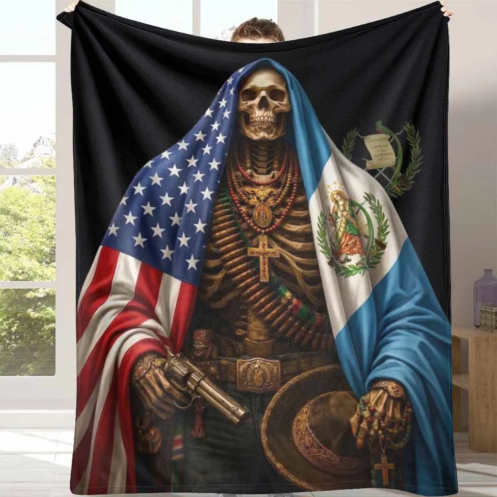Skeleton Warrior Flannel Throw Blanket - Patriotic American & Guatemalan Flag Print, All Season Multifunctional, Wrinkle-Resistant, Soft, Cozy, Warm, Durable, Lightweight, for Couch, Patriotic Decor, All Season Blanket, Multifunctional Blanket