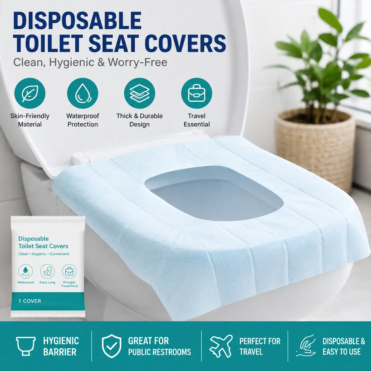 20 Pack Disposable Toilet Seat Covers, Individually Wrapped, XL Size with 4 Adhesive Dots, Waterproof Travel Toilet Cover for Hygiene & Germ Protection, Ideal for Home, Hotel, Business Trip & Public Restrooms