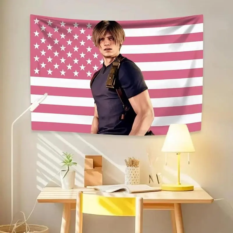 Leon Kennedy American Flag Tapestry Wall Hanging, Hippie Aesthetic Home Decor, Bedroom Dorm Background Cloth, Happy Birthday Gift