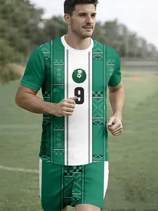 Men's 3D Digital Print Round-Neck Football Set, Nigeria Team Green and White Striped No.9 Printed Sports Suit, Machine Washable, Casual Sports Wear, Essential for Sports Enthusiasts, a Thoughtful Gift for Him