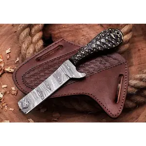 Handmade Damascus Steel Bull Cutter Knife, Cowboy Fixed Blade knife, Wood Handle, EDC Knife PANCAKE Leather Sheath Gift For Men Outdoor Multifunctional Tools