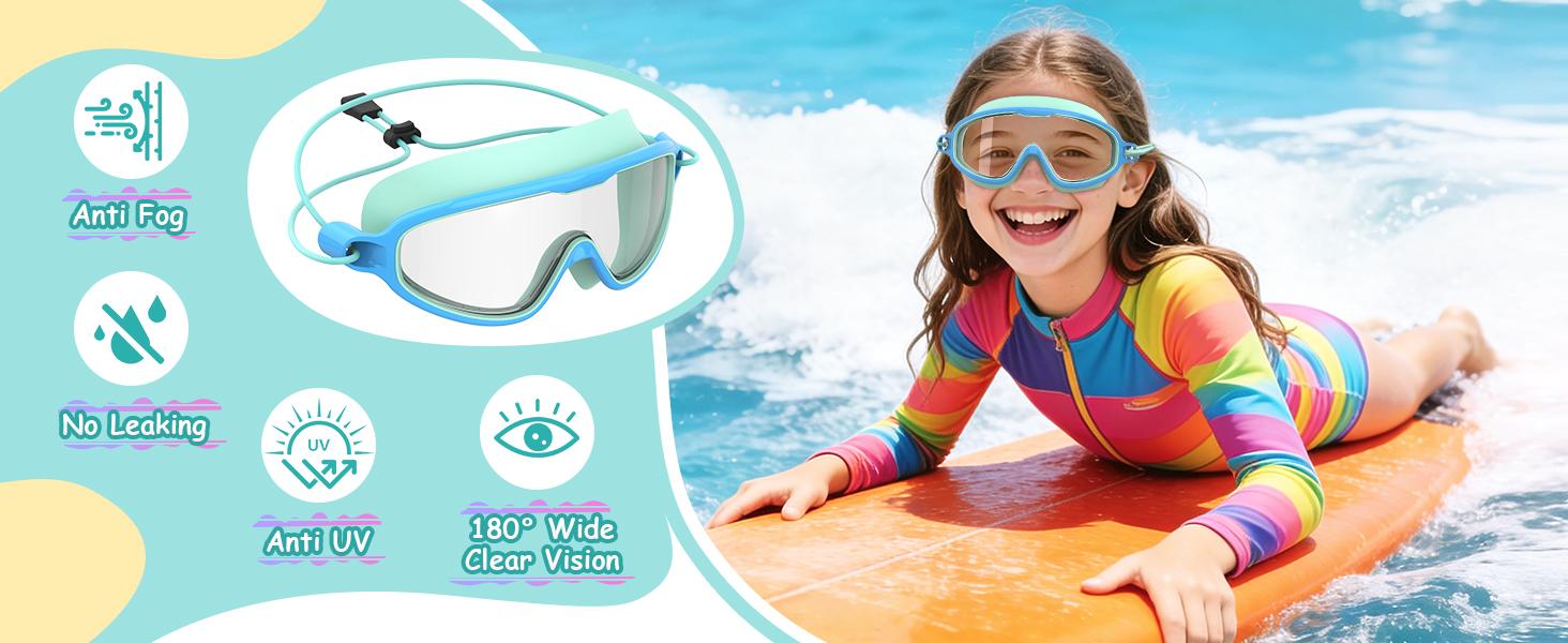 Aegend 2-Pack Kids Swim Goggles, Bungee Strap, No Leaking, Anti-Fog, Quick Adjust, Youth Fit for Ages 6-14, Summer Use