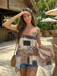 Women's Summer Boho Style Loose-Fitting Sleeveless Top, Vintage Print Irregular Design, Casual Vacation Wear, Slimming Effect