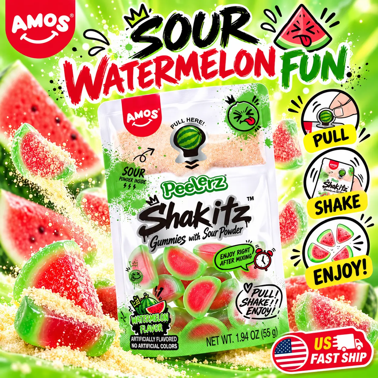 AMOS Peelerz Shakitz Watermelon Sour Gummy Candy – Viral Pull & Shake Peelable Gummies with Sour Powder, Fun Interactive Candy Snack, 1 Pack 1.94oz (55g) | US Stock – Fast Delivery Within 5 Business Days