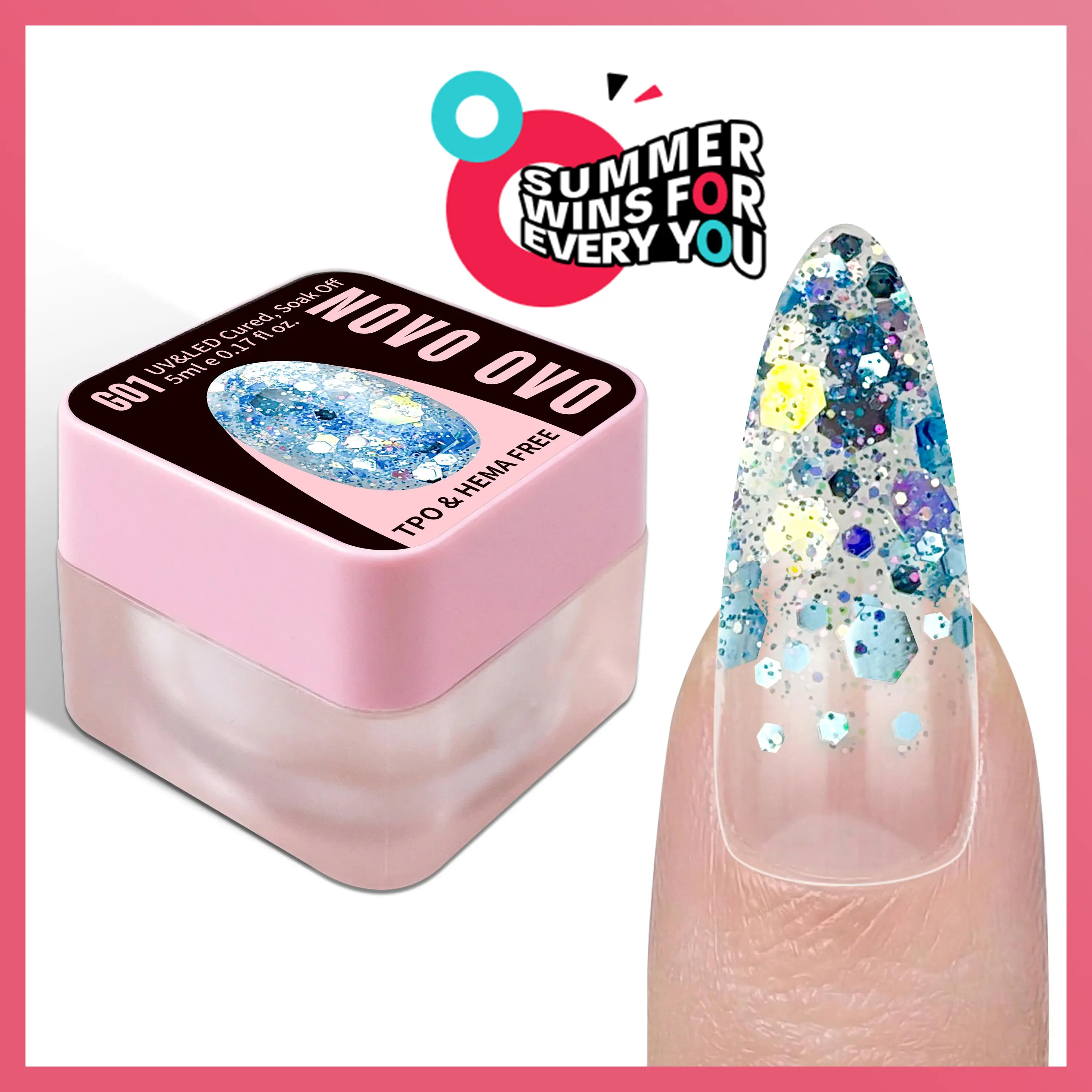 NOVO OVO Chunky Glitter Gel Nail Polish G01 Oceanic Mist Blue Holographic Sequins - TPO & HEMA Free, High-Density Sparkle Confetti Varnish, Smooth Shimmer Gloss, Reflective Soak Off UV LED Manicure for DIY French Nail Art 5ml, Iridescent Resin, Ideal Gift