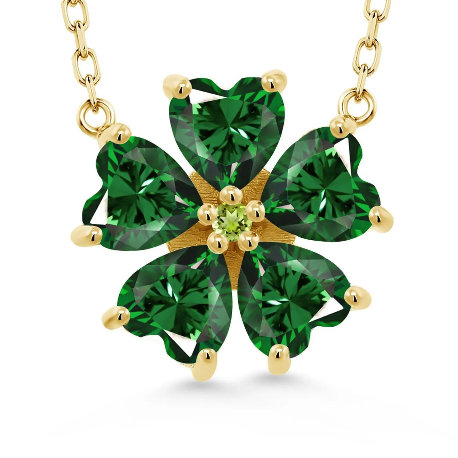 Gem Stone King 18K Yellow Gold Plated Silver Green Nano Emerald and Green Peridot Pendant Necklace For Women (3.55 Cttw, Heart Shape 6MM, with 18 Inch Chain)