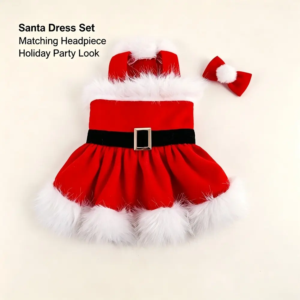 Christmas Dog Dress Princess Style with Headpiece – Cute Santa Cotton Blend Puppy Outfit for Holiday Parties & Photos (XS-XL)/Santa Claus Velvet Dog Costume/Puppy Christmas Outfit Pack/winter wear/teddy bichon pomeranian yorkie