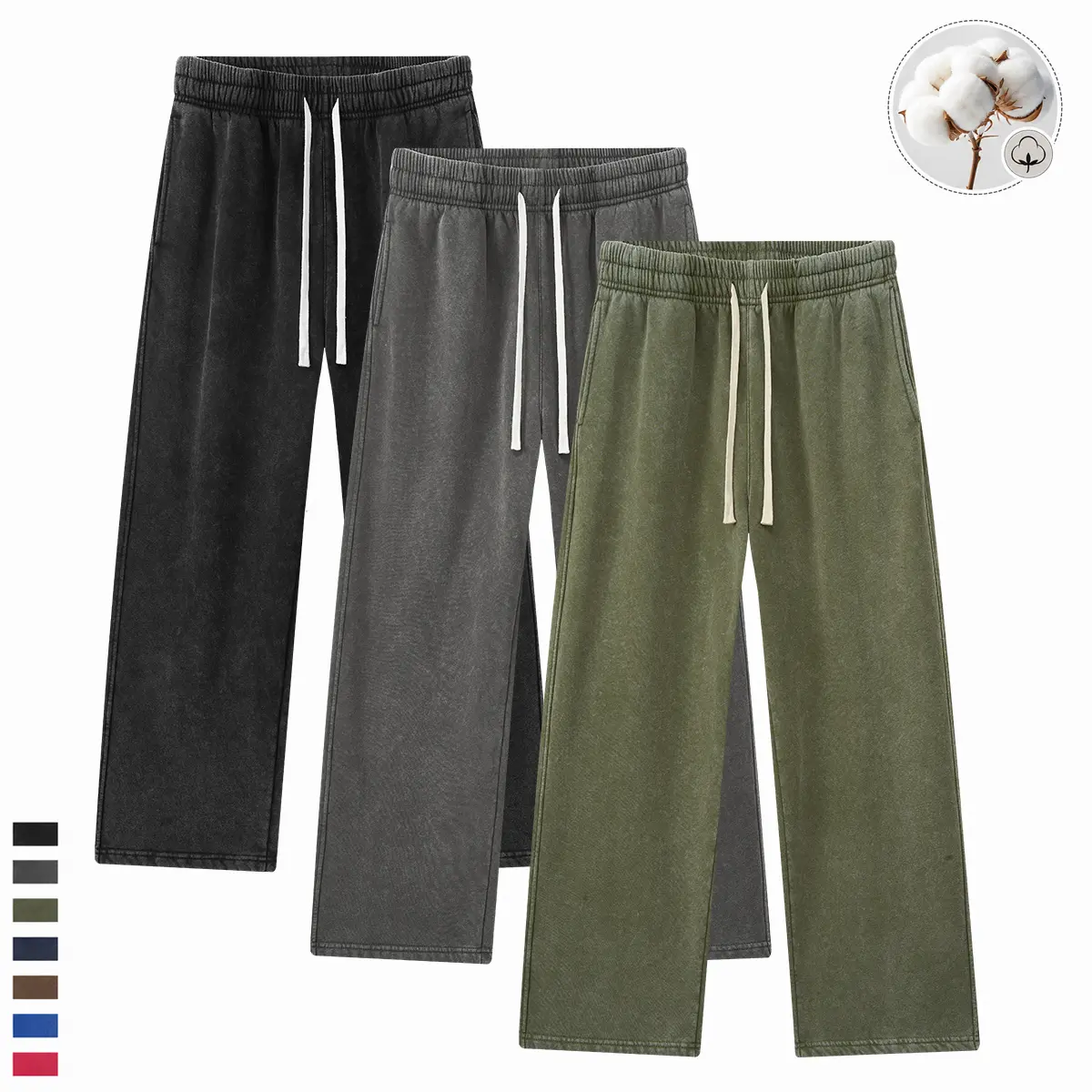 Women’s heavyweight “snowflower” fleece sweatpants, American vintage style, loose straight cut with a fluid drape, distressed wash, drawstring, casual long pants