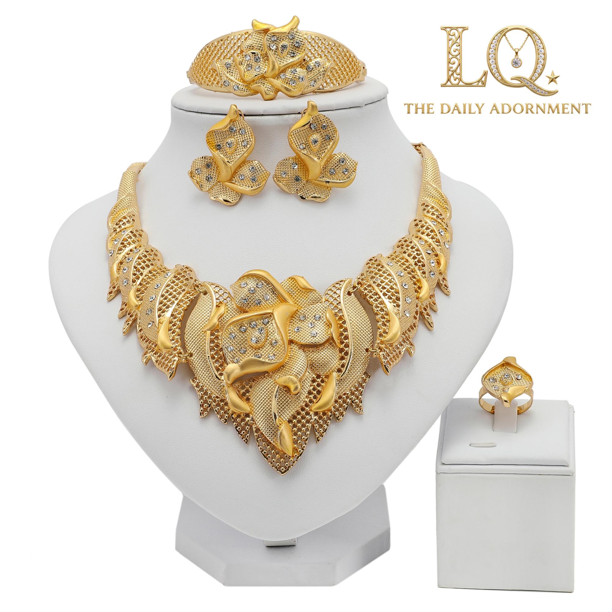LQ 4-Piece Gold Butterfly Crystal Jewelry Set - Twisted Mesh Statement Necklace, Bracelet, Earrings & Ring - 18K Gold Plated Floral Gift for Weddings & Mother's Day LQ 4-Piece Gold Butterfly Crystal Jewelry Set - Twisted Mesh Statement Necklace, Bracelet, Earrings & Ring - 18K Gold Plated Floral Gift for Weddings & Mother's Day
