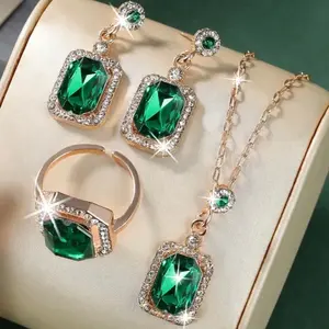GlamourJewels Emerald Green Crystal Earrings Necklace & Ring Set Sparkling Gemstone Jewelry Set