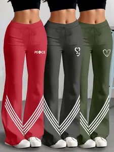 Women's Casual Fashion Long Pants Set, Drawstring Waist Design, Heart Pattern Print, Milk Silk Yoga Pants, All Seasons Wear, Sports Bottoms, Flared Yoga Bottoms