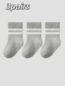3 Pairs Baby Crew Socks for Boys & Girls, Striped Loose-Fit Mid-Calf Socks, Breathable Mesh Design, Ideal for Spring Summer Fall