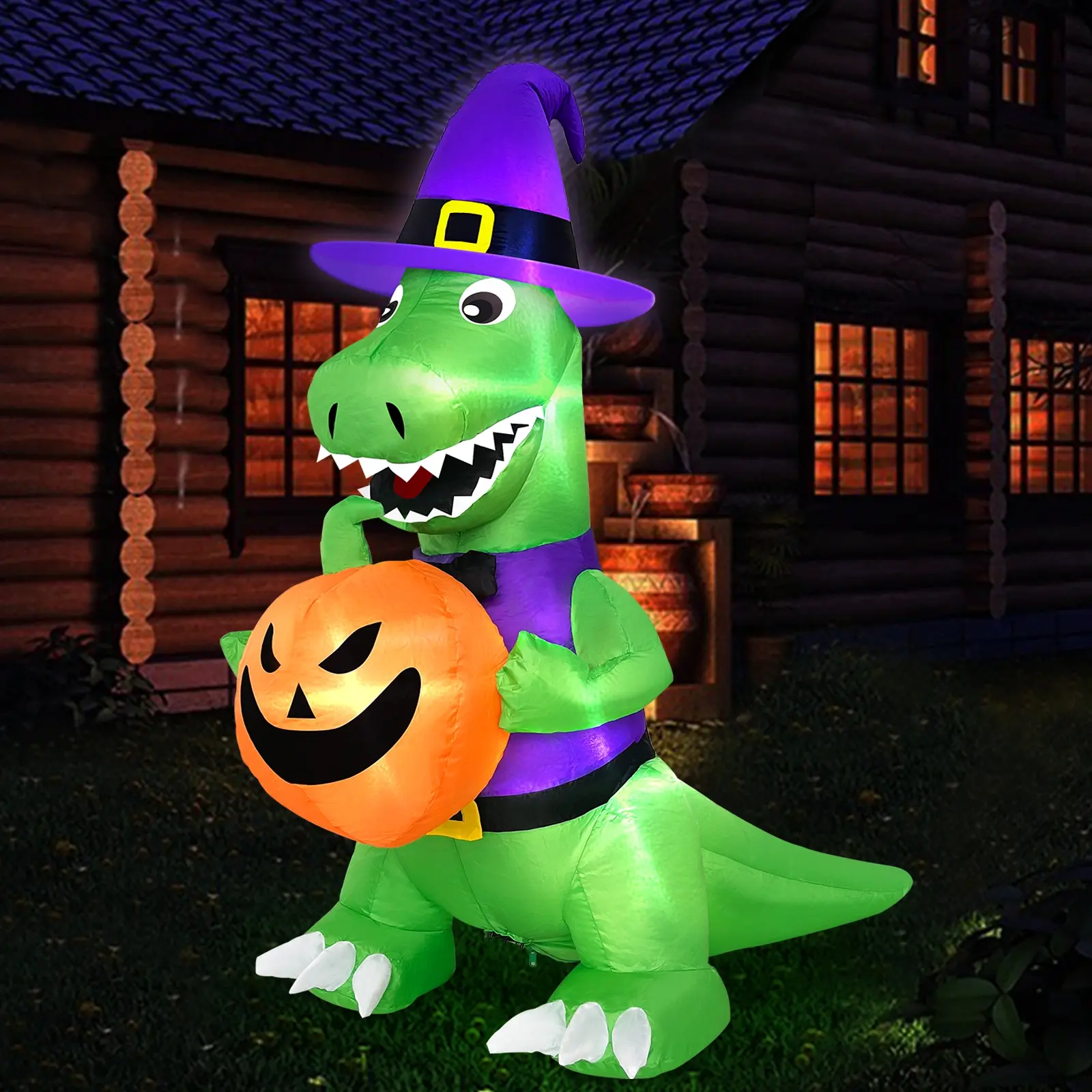 4 Ft Halloween Inflatables Witch Dinosaur Holding Pumpkin with Built-in LEDs, Blow Up Halloween Decorations for Indoor Outdoor Yard Lawn Garden Holiday Party