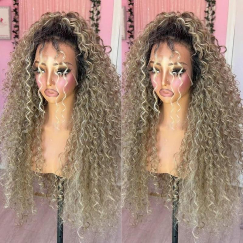 Kinky Curly Lace Front Wig Ombre Brown Roots Ash Blonde Synthetic Wig 13x4 Hd Lace Front Wigs Blonde Deep Wave Synthetic Lace Front Wigs for Women for Daily Party Cosplay Use Suitable for Daily Wear and Professional Performances Alike