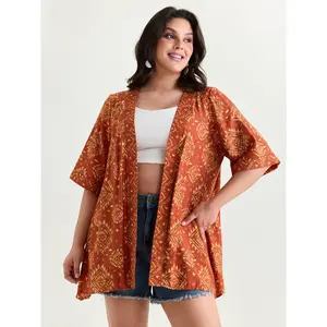 BLOOMCHIC Lady's Women's Plus Size Boho Floral Geometric Print Open-Front Kimono - Smooth Nylon Women's Clothes, M-6X Fit, 2026 Summer Swimweek Top, Summer Deals