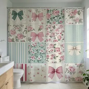 1 Pc Floral Ribbon Shower Curtain, Print Delicate Rose Patterns For Bathroom Design Pastel Color Schemes And Vintage Style Perfect For Renovation Or Spa-Like Atmosphere