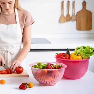 Lidded Salad Bowl - Wide-Mouth Plastic Bowl with Strainer Basket and Mixing Bowl (Includes Lid), Pink/Rose Red