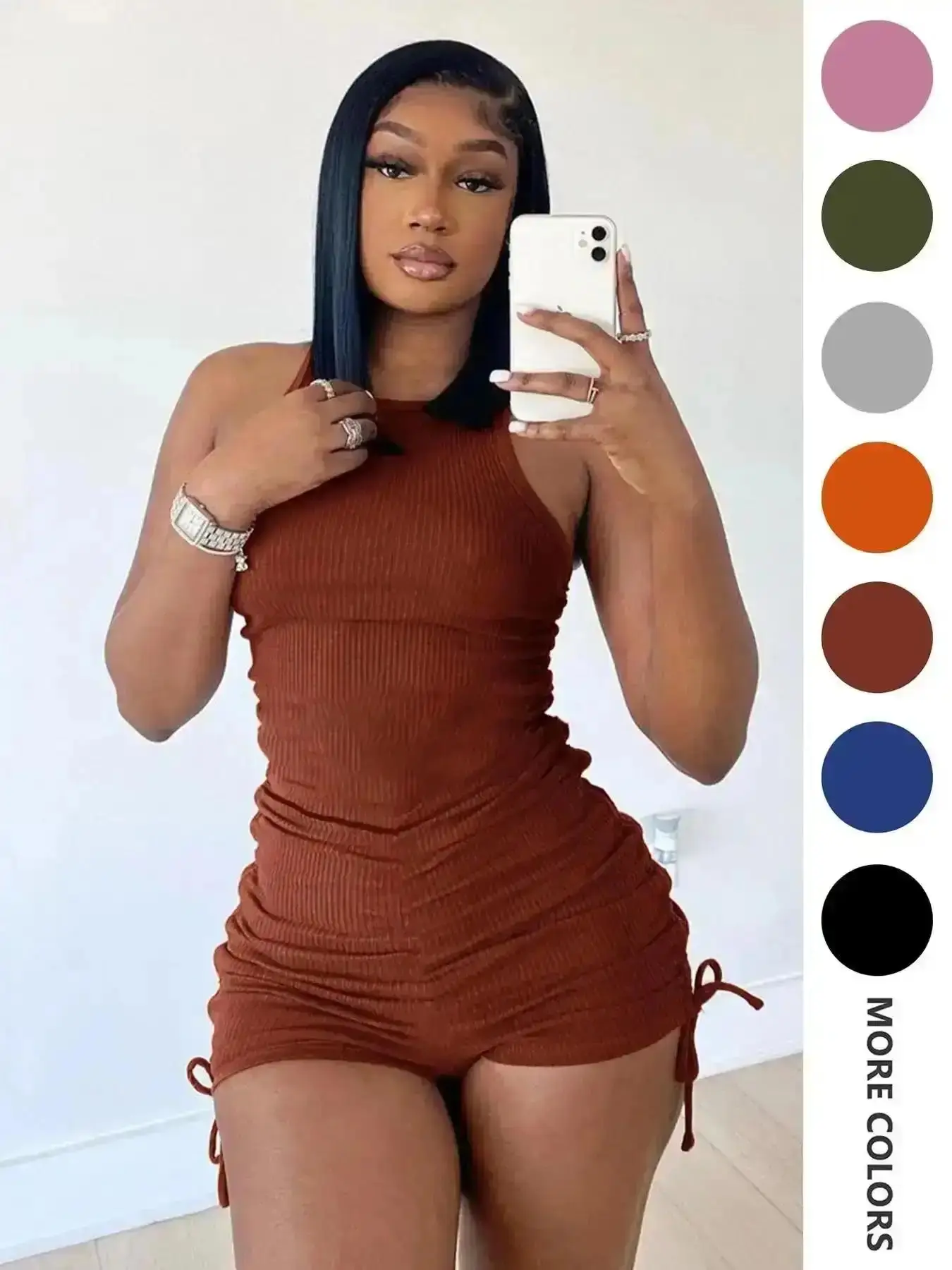 Elegant Women's Solid Ruched Drawstring Skinny Tank Romper, Minimalist Casual Sleeveless Round Neck for Daily Outdoor Wear, Ladies Summer Clothes Womenswear, Statement, Viral Style, Daily Essential, Minimalist Style