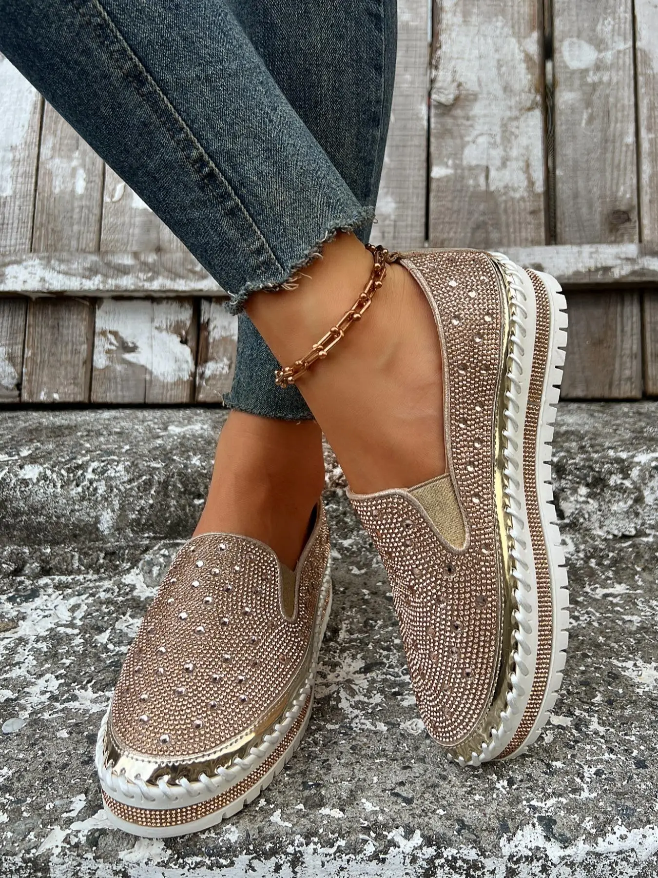 Women's Fashionable Rhinestone Decorated Slip on Wedge Sneakers, Casual Comfortable Round Toe Shoes for Daily Wear, All Match Shoes for Daily Wear