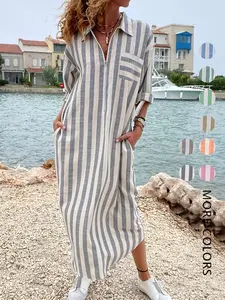 Women's Striped Print Button Front Shirt Dress, Elegant Collared Casual Dresses for Spring & Fall, Ladies Clothes for Casual Everyday Wear