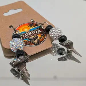 Florida Before Us Series Wire Wrapped Shark Tooth One of a Kind Handmade Earrings with Sparkling Beads and Unique Design