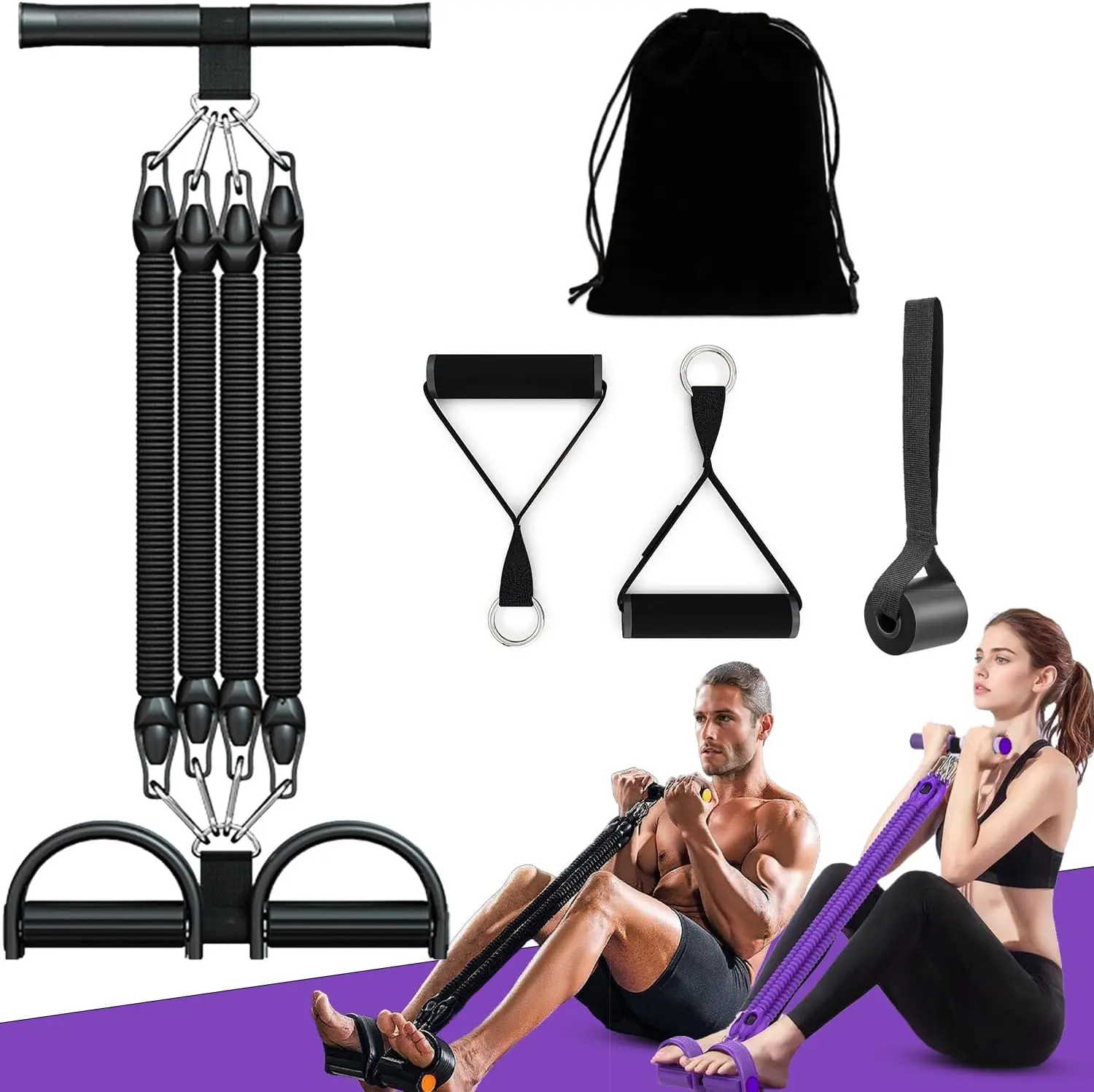 2026 Upgrade Foot Pedal Resistance Band, Adjustable 4-Tube Elastic Pull Rope Fitness Sit-up Exercise Equipment at Home Gym Arm Abs Workout Equipment Leg Stretching Equipment