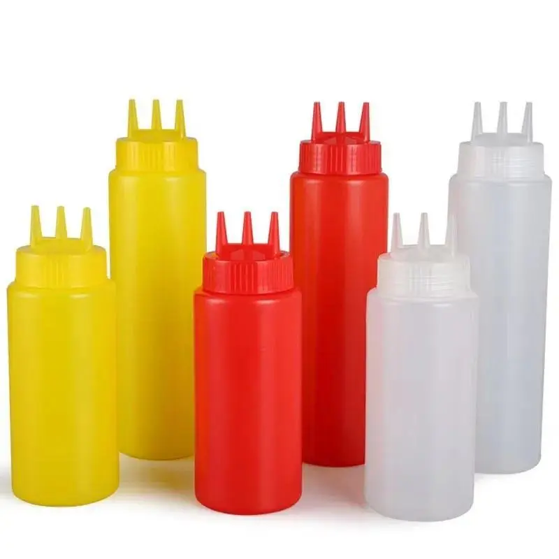 PE Squeeze Bottle Three Holes Condiment Dispenser Ketchup Salad Sauce Mustard Sauces Oil Plastic Pointed SeasoningBottle Kitchen
