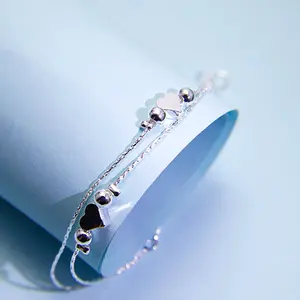 Korean Fashion Heart Bracelet Women's Double Layered Wear Light Bead Heart-shaped White Gold Color Copper Material 16+4CM Length Magnetic Field Therapy Jewelry