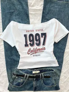 Women's Y2K Retro 1997 USA Graphic Cropped T-shirt with Ruching, White Casual Street Short-sleeve Top for Summer Outfits