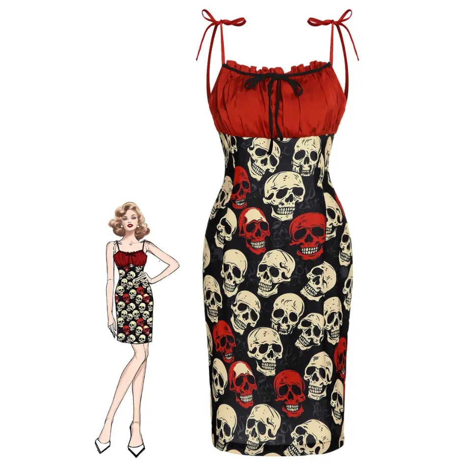 RED 1960s Halloween Skull Strap Dress - Women's Above the Knee Length 100% Polyester with Side Concealed Zipper RED 1960s Halloween Skull Strap Dress - Women's Above the Knee Length 100% Polyester with Side Concealed Zipper