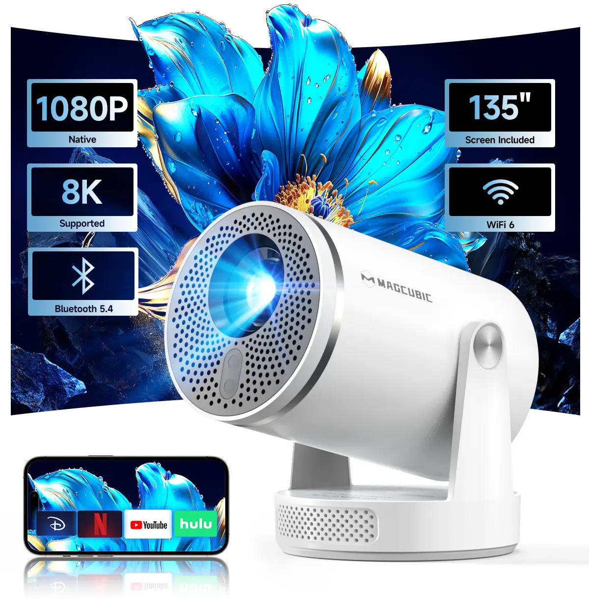 Magcubic HY320Pro Projector Auto Focus 400ANSI Native 1080P Google Assistant 8K Decode Android 14.0 Dual WiFi 6 Bluetooth 5.4 Auto Keystone Wireless 180° Flexible Rotating Portable Smart Home Cinema Movie Night Gift Projectors For Bedroom