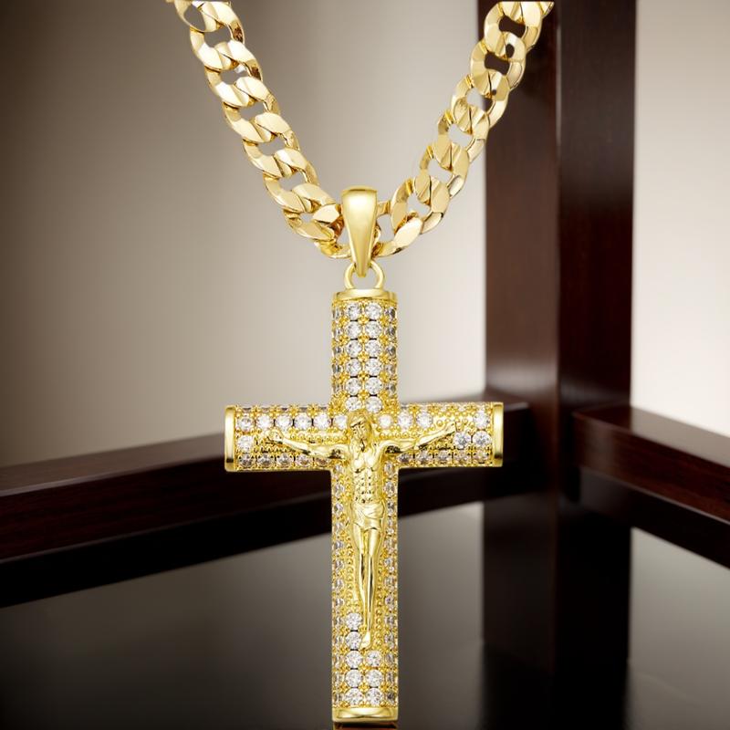 God’s Blessing for Dad! ️ Gold Cuban Chain with Cross Pendant – 24 Inch Figaro Link Necklace – Father’s Day Christian Gift initial cross necklace Gold Plated Cuban Chain Cross Necklace hip hop religious jewelry Trendy Jewellery Accessories cuban chain