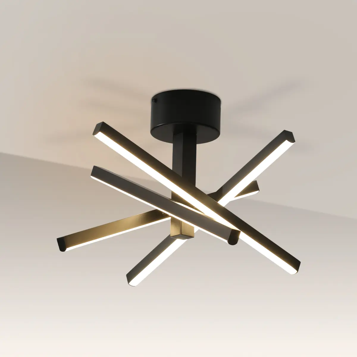 12-In Black Contemporary Starburst LED Flush Mount Ceiling Light, Rust-Resistant Staggered Metal Arm Geometric Fixture with 4 Straight Aluminum Bodies, 3-Color Temp Dimmable w/Remote, Energy-Saving Long-Lifespan Indoor Home & Room Decor Device, Mood Light