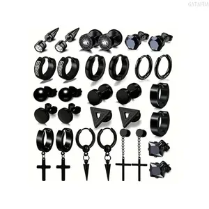 Men Punk Earring Set,Gothic Y2K Trendy Cross Hoop Stud Earrings,Classic Ear Stacking Jewelry,Anti-fade Premium Alloy Comfortable Earrings,Versatile Styling for Daily Street Wear Party Dating Birthday Jewelry Gift