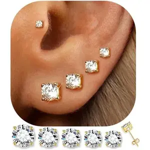 5 Pairs 14K Gold Plated Stud Earrings for Women, Hypoallergenic Earring Sets for Multiple Piercing, Premium Cubic Zirconia Studs Earrings for Women