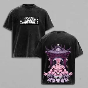Menswear Unisex Oversized Classic Short-Sleeve Seamless Pre-Washed Cotton T-Shirt - Retro Limited Vintage Ryomen Sukuna Signature, Jujutsu Kaisen Anime Double Print, Lightweight Relaxed Fit, Multi-Size Anime Art Apparel for Fans