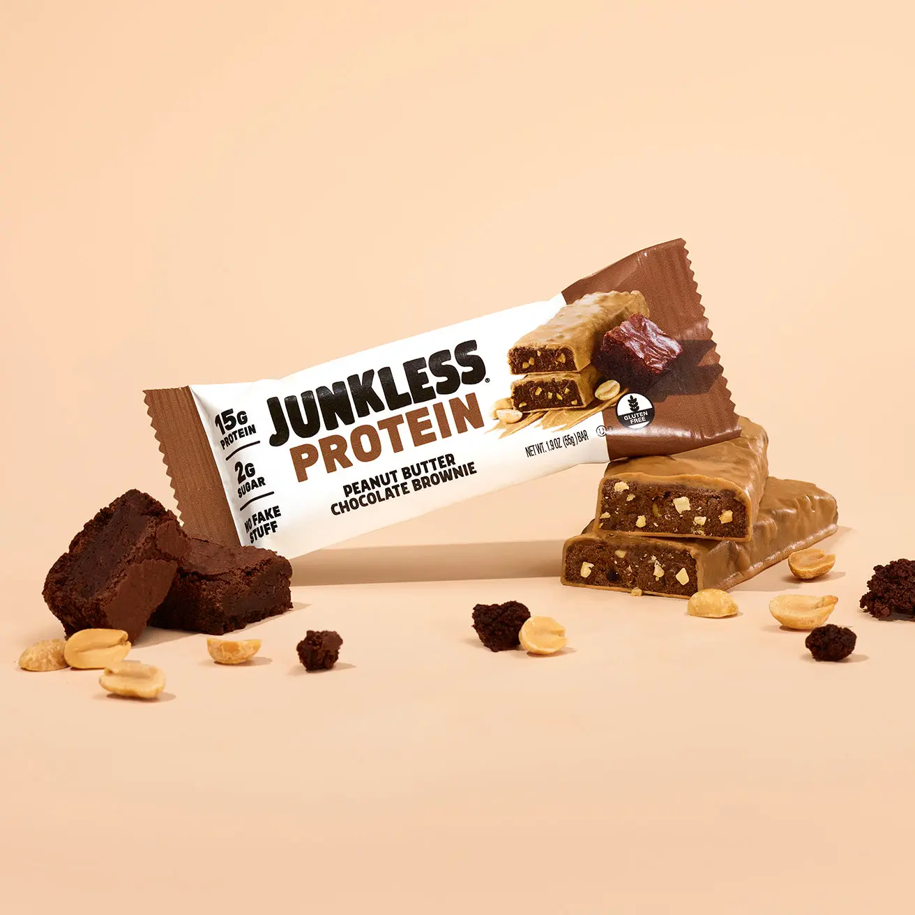 JUNKLESS Protein Bars Peanut Butter Chocolate Brownie (12 ct) - 15g Protein, 2g Sugar, High Fiber, Gluten Free, Clean Ingredients